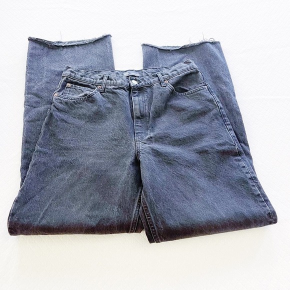 Zara Black Wide Leg Denim Jeans Fringed Hem SZ12 - Picture 2 of 8